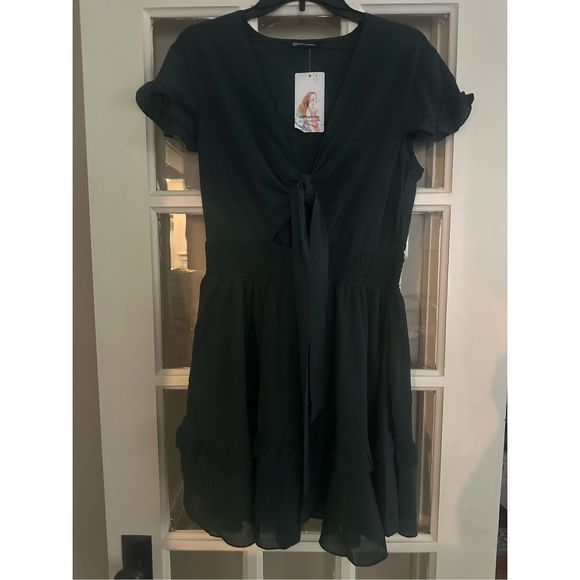 PRETTYGARDEN green size large Swing Mini Dress V Neck Short A-Line Short Dress - Picture 7 of 10